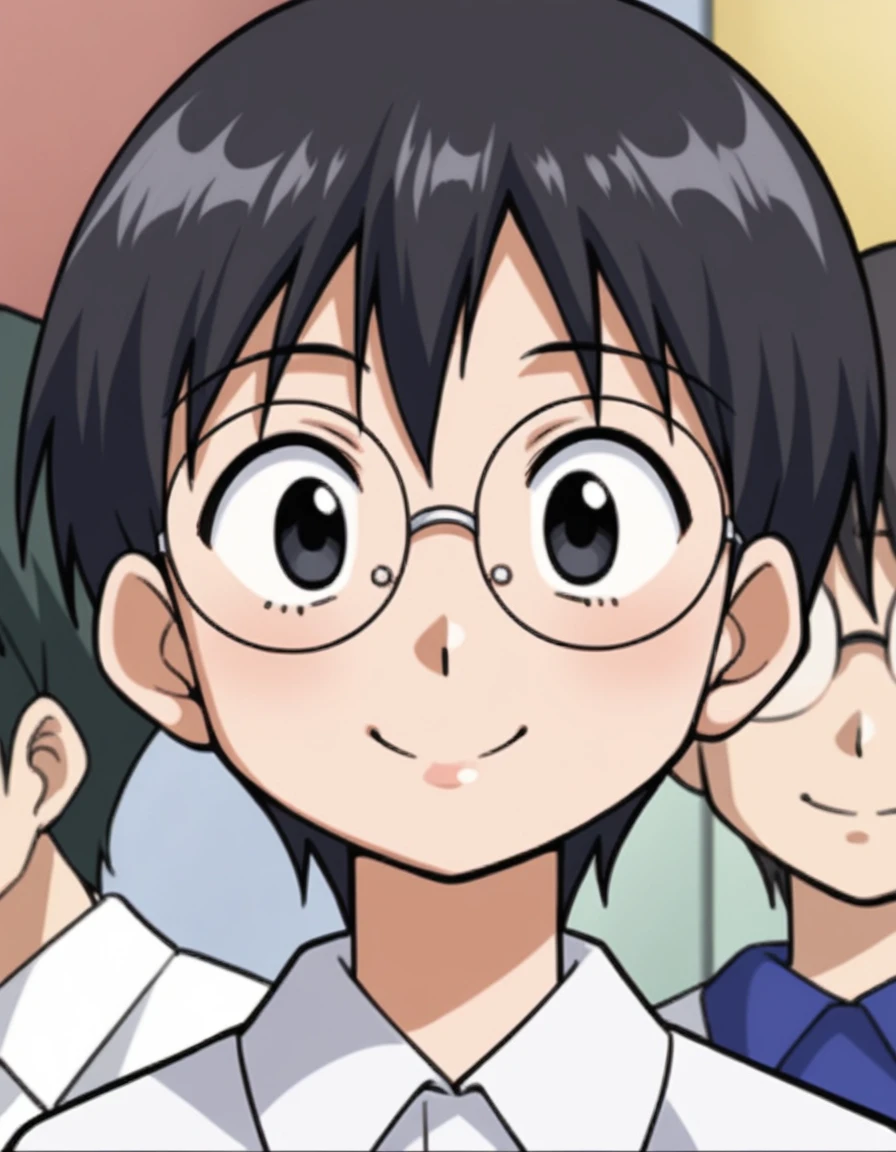 score_9, score_8, One personの男の子,Adult, Round face,Wear glasses,short hair,Put your hair up,a bit太り気味,Black Hair, Black eyes, White polo shirt,a bit横向き, View your audience, smile, Upper Body, a bit、50s、One person