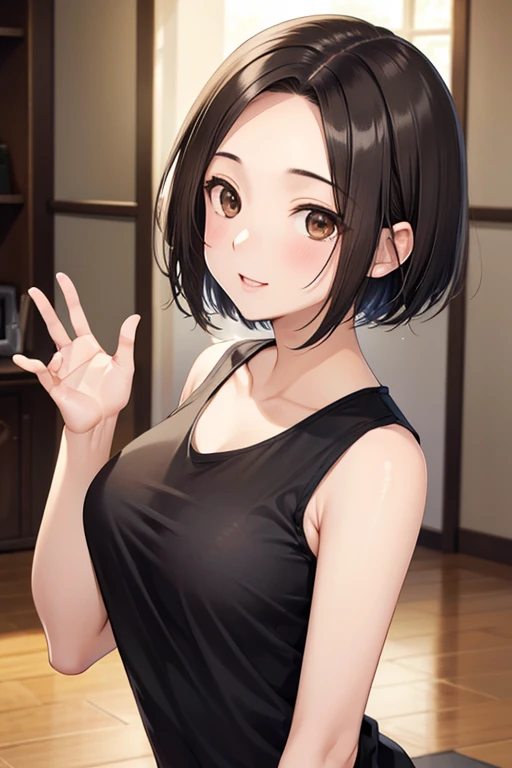 Rinko Kobayakawa、Shiny brown hair, ((Center-parted bangs that expose the forehead、short hair、))、, (Beautiful brown eyes、Sparkling eyes, Fine grain)、smile、Ultra-detailed eyes、Highly detailed face, Highly detailed eyes,


masterpiece、High resolution、high quality、High resolution、young woman、Courting face、Beautiful Lips、near、Black tank top、wave hands