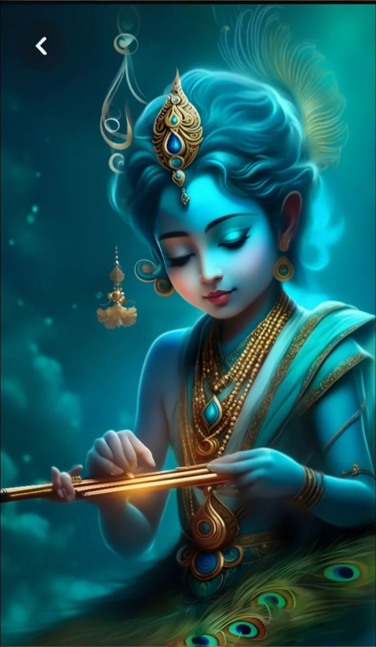 a painting of a woman playing a flute with peacock feathers, indian god, vishnu, the god of music, hindu art, hindu aesthetic, fanart, hd wallpaper, profile pic, hinduism, serene expression, devainart, hindu god, traditional art, avatar image, beautiful goddess, masterful composition!!!, puṣkaracūḍa