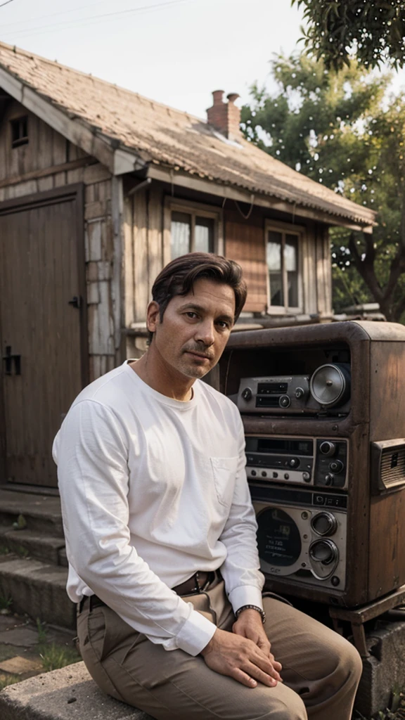 A man 40 years old sitting, old radio in front of him, old house background, reminiscing moment, wearing white long sleeves shirt,