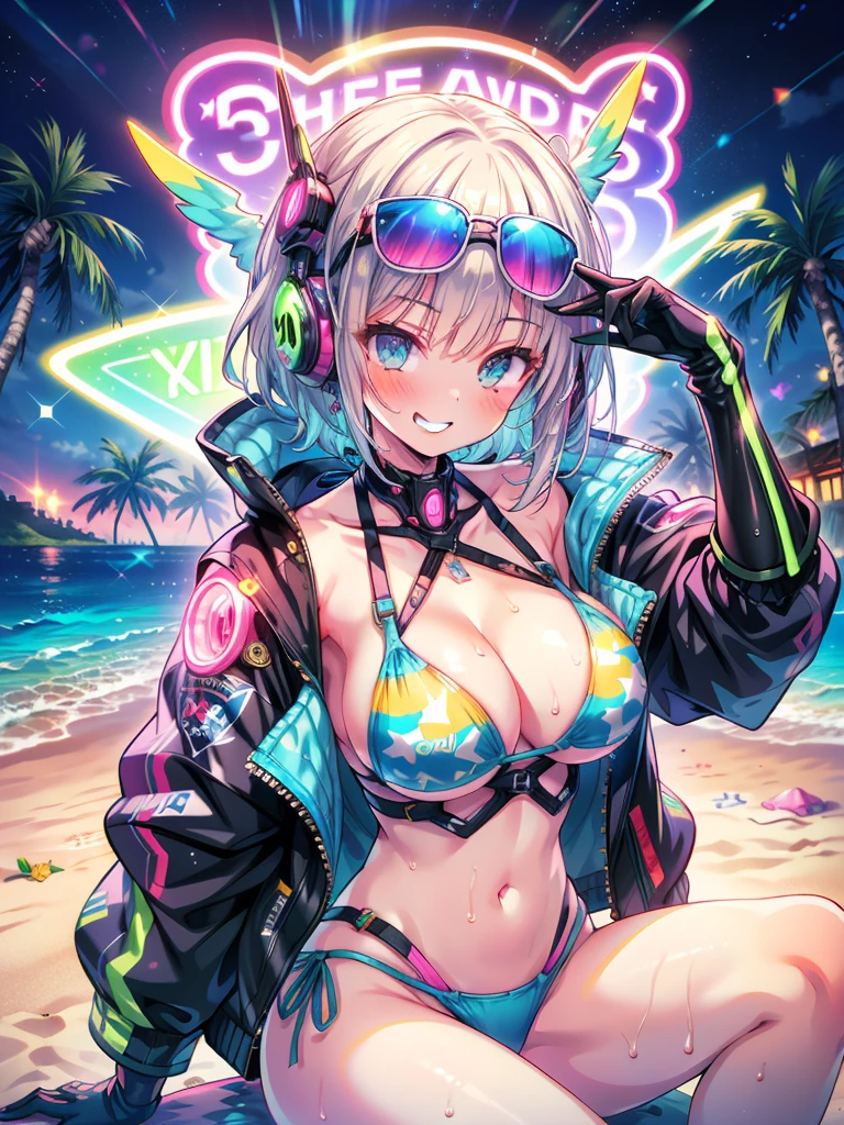 score_9, score_8_up, score_7_up, source_anime,masterpiece, best quality, high resolution, extremely detailed CG, absurdres, highres, 1girl, Shot of a futuristic cyberpunk beach scene at night. The subject, wearing a bikini and jacket combo with a glittery swimsuit underneath, strikes a pose close-up, looking directly at the viewer with a cheeky grin. A mecha arm and headgear adorn their body, with neon lights flashing beneath the surface. Sunglasses perch atop their head, reflecting the bright lights of the beach's neon decorations, ((beach)), neon punk, shiny, sexy body, large_breasts, sitting, (neon lights on swimsuit), ((vapor wave))