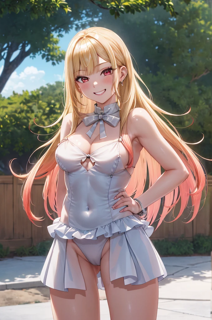 masterpiece, Kitagawa Marine, One girl, Blonde, Long Hair, Multicolored Hair, Red eyes, jewelry, Earrings, Earrings, White micro bikini, Grin, smile, Are standing, Cowboy Shot, Outdoor, arms behind back, Highest quality, unity 8k wallpaper, (figure:0.8), (Beautiful attention to detail:1.6), Highly detailed face, Perfect lighting, Highly detailed CG, (3D Face:1.1), (Shiny skin:1.5), (Ultra-high resolution intricate face details), (Facial skin pores:1.3), Ultra high resolution cloth texture, 大きなsmile、Blushing、Open your mouth, Showing off her perfect legs, Large Breasts