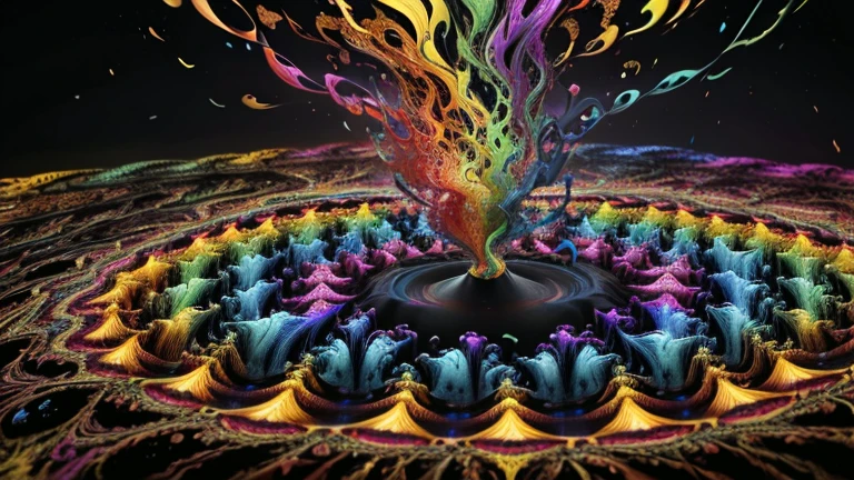 multicolored dynamic abstract liquid flow particles turbulence swirling, ((mandelbrot fractals)), ((psychedelic patterns)), Cinema 4D, fully dynamic motion design, X-Particles, Dynamics FX, bend and shatter reality for amazing visual effects production, cinematic, realistic, uhd, hdr, 8k,