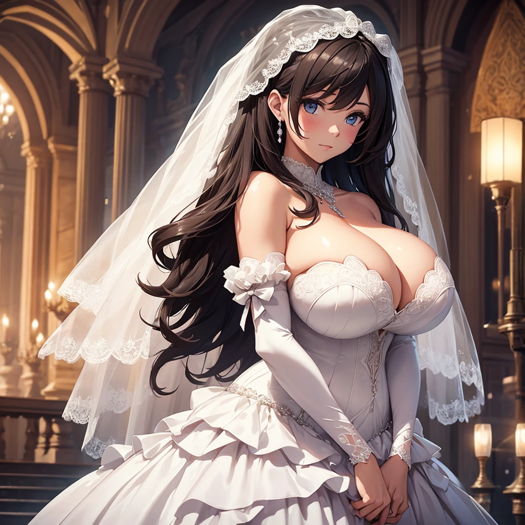 Girl with huge breasts in a wedding dress with huge neckline and bridal veil