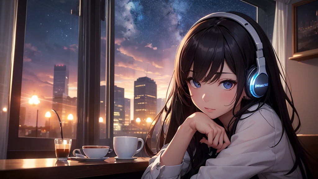 Ultra-high resolution, 8k, (masterpiece, mysterious:1.2), Works by Makoto Shinkaisei, Lo-fi feeling, Perfect human body engineering, 1 female, mysteriousな瞳, Her charm is her beautiful eyes, Idol, White ruffle dress, Shiny long black hair, Larger than average bust, Listening to music through headphones, Looking out the window, Room with musical instruments, city view from the window, impressive cityscape, Bright sky, meteor, Wide-angle, Before dusk, Break time during composition, Coffee in a mug,