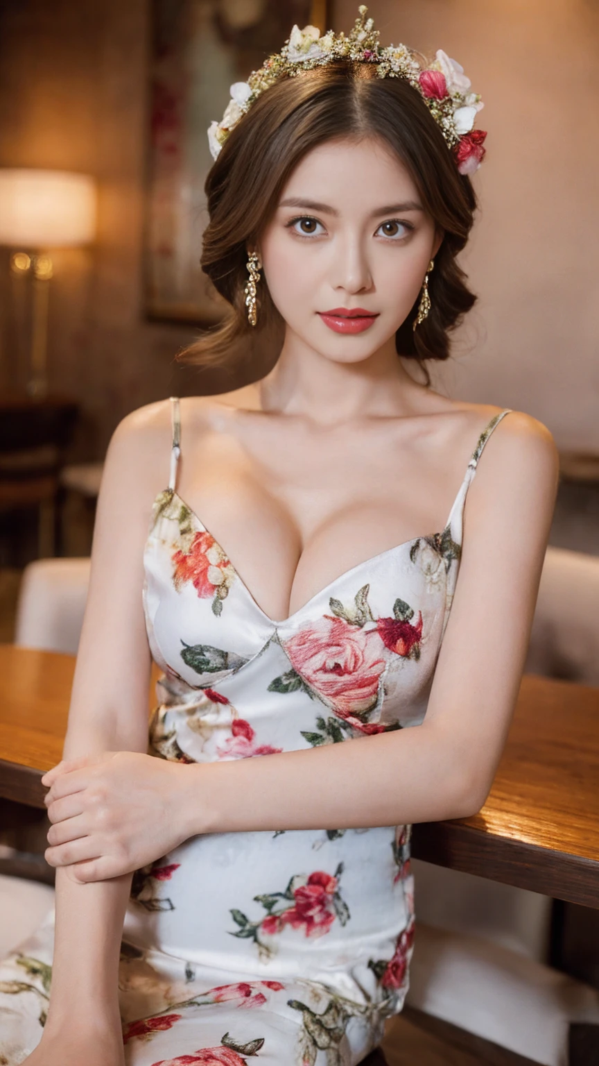 ((Highest quality, 8K, Tabletop: 1.3)), concentrated: 1.2, Wearing a Chinese dress, Small floral print, Exposed breasts, Cleavage, Split ends, Full body photo, Long legs, Overall view, Cafe Wall, Highly detailed face and skin texture, Fine grain, double eyelid, White skin, Long ponytail