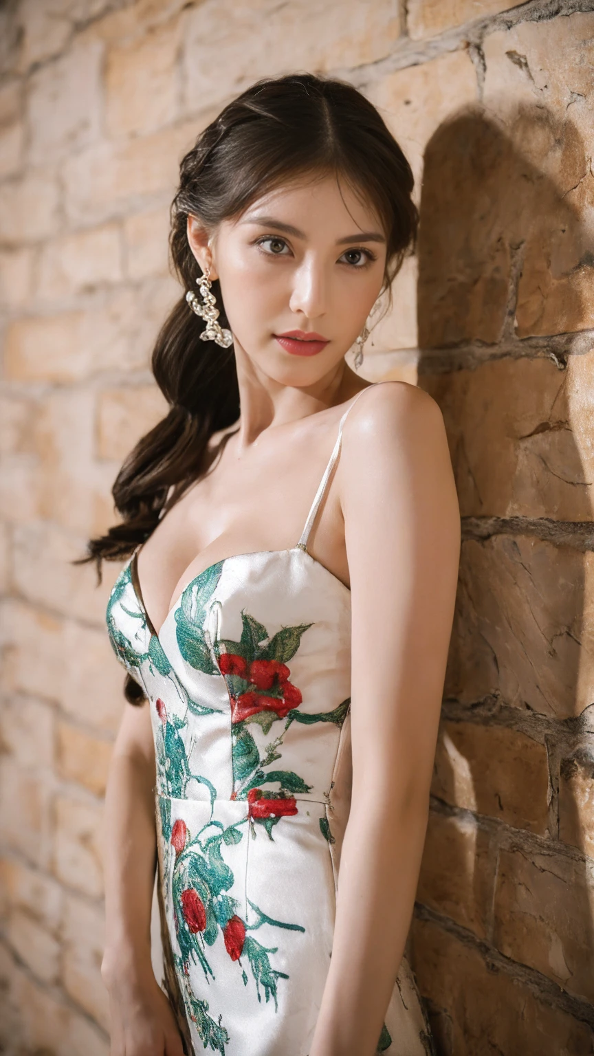 ((Highest quality, 8K, Tabletop: 1.3)), concentrated: 1.2, Wearing a Chinese dress, Small floral print, Exposed breasts, Cleavage, Split ends, Full body photo, Long legs, Overall view, Cafe Wall, Highly detailed face and skin texture, Fine grain, double eyelid, White skin, Long ponytail