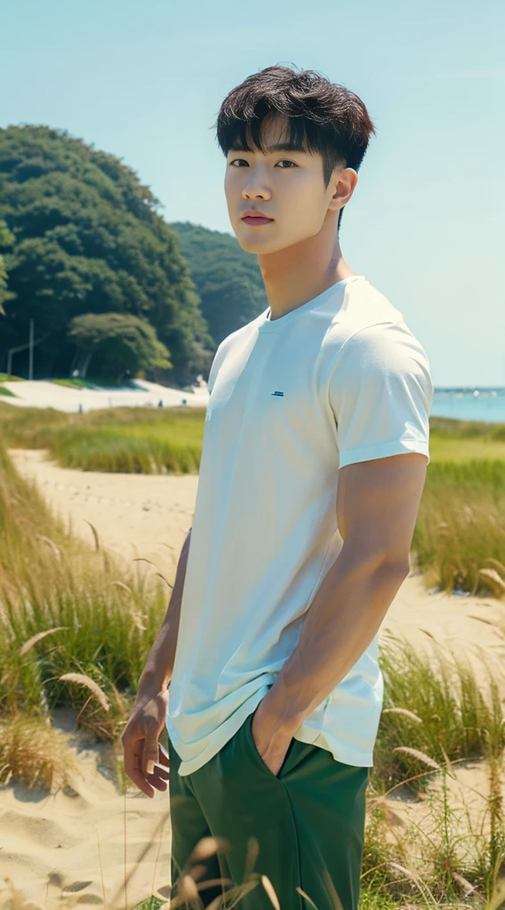 A handsome, muscular young Asian man looks at the camera. In a plain yellow t-shirt , Fieldside, grass, beach, sunlight