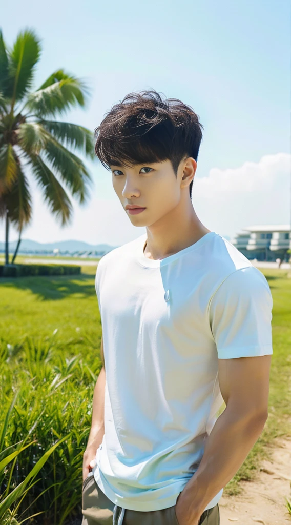 A handsome, muscular young Asian man looks at the camera. In a simple blue t-shirt , Fieldside, grass, beach, sunlight