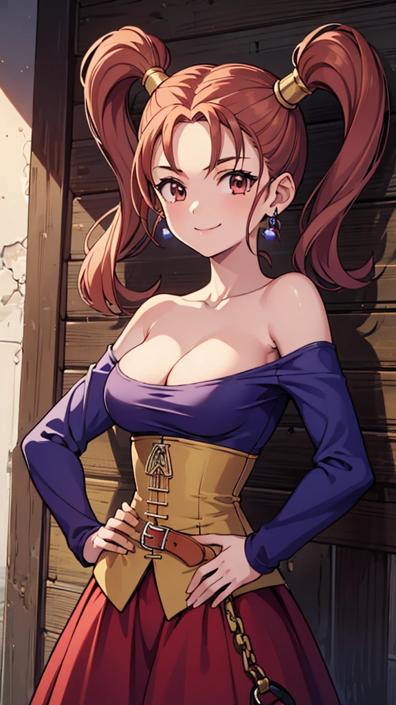 (masterpiece, best quality:1.2), solo, 1girl, dq8jessica, smile, looking at viewer, hand on hip, twintails, purple shirt, strapless dress, corset, earrings, belt, cleavage 