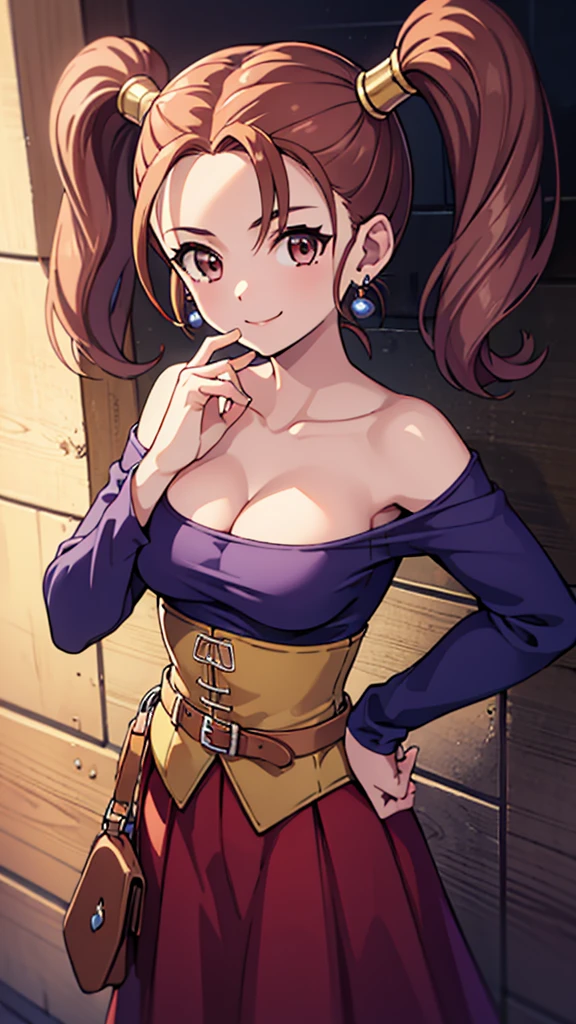 (masterpiece, best quality:1.2), solo, 1girl, dq8jessica, smile, looking at viewer, hand on hip, twintails, purple shirt, strapless dress, corset, earrings, belt, cleavage 