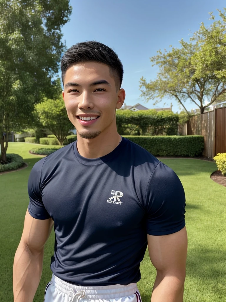 Tony Labrusca, (As a matter of fact, Masterpiece, 8k HD, good light quality, sportswear, fit the face, complicated details), A handsome, muscular young Korean man. , 20 years old, be happy, smile brightly, detailed face, delicate eyes, มองดูsky, Wear a navy tight T-shirt.:1.6, period, black eyes, Black hair color, ผมsmooth, smooth, outdoor sports, Along the garden, Sunny,sky，Surreal，Awesome details，Highest quality，real，Open your mouth to talk. , Close your eyes.