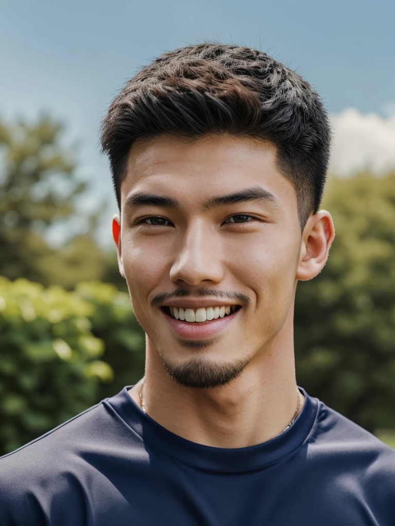 Tony Labrusca, (As a matter of fact, Masterpiece, 8k HD, good light quality, sportswear, fit the face, complicated details), A handsome, muscular young Korean man. , 20 years old, be happy, smile brightly, detailed face, delicate eyes, มองดูsky, Wear a navy tight T-shirt.:1.6, period, black eyes, Black hair color, ผมsmooth, smooth, outdoor sports, Along the garden, Sunny,sky,Surreal,Awesome details,Highest quality,real,Open your mouth to talk. , Close your eyes.