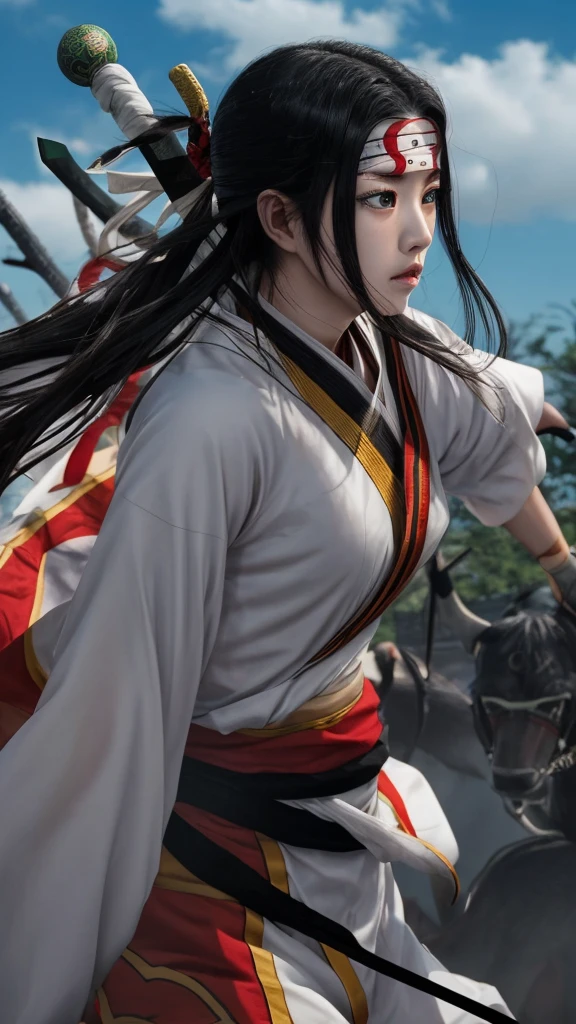 "Create a highly realistic image of a female warrior resembling Kyoukai from the manga series Kingdom. She should have a slender yet athletic build, wearing traditional Chinese armor with intricate details. Her expression is calm and focused, with a mysterious aura. She has long, flowing black hair and is holding a sword in a defensive stance. The background should depict a forest or battlefield with a dramatic sky."