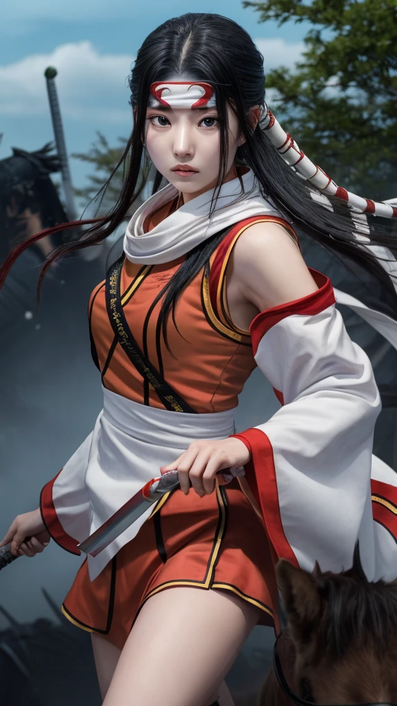 "Create a highly realistic image of a female warrior resembling Kyoukai from the manga series Kingdom. She should have a slender yet athletic build, wearing traditional Chinese armor with intricate details. Her expression is calm and focused, with a mysterious aura. She has long, flowing black hair and is holding a sword in a defensive stance. The background should depict a forest or battlefield with a dramatic sky."