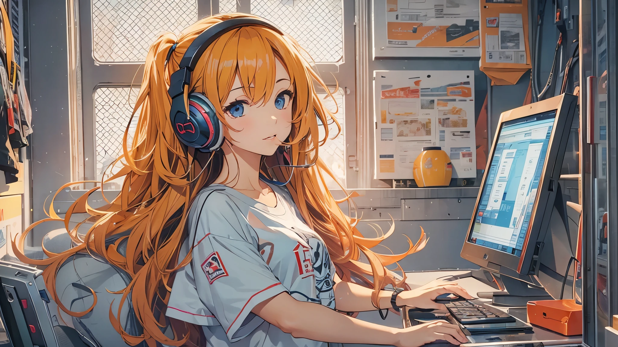 high resolution、One Girl、Wearing headphones、Logo T-shirt and hot pants、In the girl's room、Studying on a computer、Large monitor、Vibrant colors、Vivid Color、Warm shades、Full body images、Orange long hair、