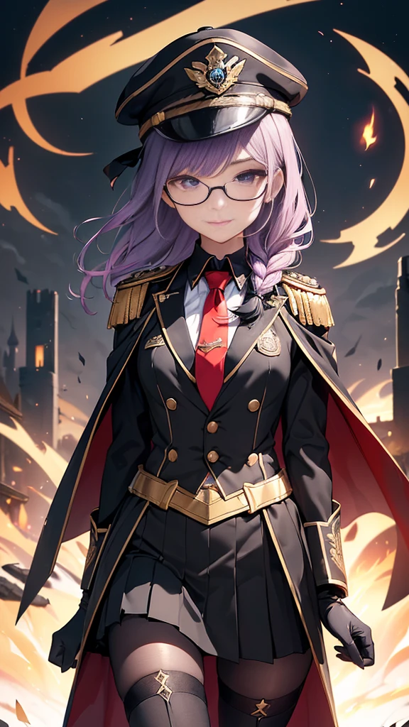 realisitic, City Deserted, Pile of rubble, Brick building, a one woman (18 years old, far away blackw hair, far away slits, Eyes red, glare eyes, 精致的面容, standing (In floor, feet shoulder-width apart), Lolita style military uniform (blackw base, Red Insert, golden decoration, volantes, wide sleeves, dainty and delicate detailing armors), blackw far away gloves (blackw, Red Insert, golden decoration, small hands, armors), blackw far away gloves, knee high boots (blackw, high-heels, red soles), ha (blackw, aba dourada, shield emblem, delicate details), arms in front, Front of belly, Holding military swords with both hands (blackw, golden decoration, delicate detail, Handle at the top, Ground-facing blade, in front of the body, far away), night sky (blackw, stele, Increased flames and smoke) Pale painting style, One Girl, super high quality, Super Detail, Super Detailed image, long hair, looking at viewer, skirt, shirt, hair ornament, violet eyes, gloves, round glasses, long sleeves, hat, closed mouth, jacket, violet hair, braid, open clothes, necktie, black gloves, black skirt, uniform, single braid, open jacket, black jacket, black headwear, 手链, peaked cap, black necktie, cropped jacket, military hat, pantyhose, Flat Chest, smile, Black Cape