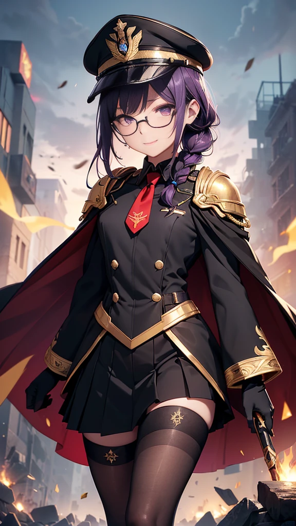 realisitic, City Deserted, Pile of rubble, Brick building, a one woman (18 years old, far away blackw hair, far away slits, Eyes red, glare eyes, 精致的面容, standing (In floor, feet shoulder-width apart), Lolita style military uniform (blackw base, Red Insert, golden decoration, volantes, wide sleeves, dainty and delicate detailing armors), blackw far away gloves (blackw, Red Insert, golden decoration, small hands, armors), blackw far away gloves, knee high boots (blackw, high-heels, red soles), ha (blackw, aba dourada, shield emblem, delicate details), arms in front, Front of belly, Holding military swords with both hands (blackw, golden decoration, delicate detail, Handle at the top, Ground-facing blade, in front of the body, far away), night sky (blackw, stele, Increased flames and smoke) Pale painting style, One Girl, super high quality, Super Detail, Super Detailed image, long hair, looking at viewer, skirt, shirt, hair ornament, violet eyes, gloves, round glasses, long sleeves, hat, closed mouth, jacket, violet hair, braid, open clothes, necktie, black gloves, black skirt, uniform, single braid, open jacket, black jacket, black headwear, 手链, peaked cap, black necktie, cropped jacket, military hat, pantyhose, Flat Chest, smile, Black Cape