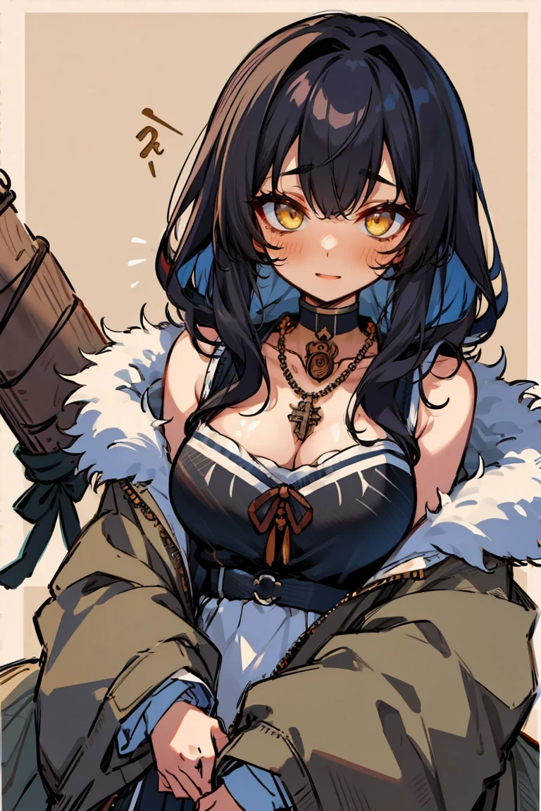 (masterpiece:1.2), (high quality:1.2), (hui xiyi:0.7), rekkyo sensen, rekkyou sensen, girls with((black hair, 1girl,bangs,bare shoulders, breasts,choker, cleavage,coat,collar,collarbone,cowboy shot, dress, frills, fur, fur collar, fur trim, hood down, hooded jacket, hoodie, jacket, large breasts, long hair, long sleeves, looking at viewer, medium breasts, medium hair, necklace, open clothes, open hoodie, sleeveless, solo, winter clothes, zipper, upper body)), background with((bedding, futon, jail, prison:1.45))