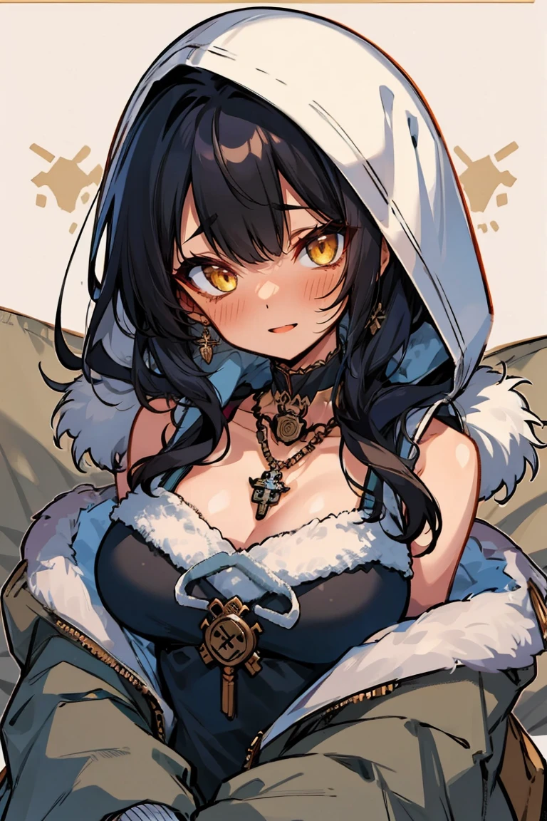 (masterpiece, best quality:1.2), 1girl, solo, bangs, black hair, yellow eyes, one side up, bare shoulders, blush, breasts, choker, cleavage, coat, collar, collarbone, cowboy shot, dress, lace dress, belt, red bow, red ribbon, neck ribbon, collared shirt, eyebrows visible through hair, frills, fur, fur-trimmed coat, fur-trimmed hood, fur-trimmed jacket, fur-trimmed sleeves, fur coat, fur collar, fur trim, hood down, hooded coat, hooded jacket, hoodie, jacket, large breasts, long hair, long sleeves, looking at viewer,medium breasts, open clothes, open coat,open hoodie, sleeveless, winter clothes, winter coat, zipper, cleavage, upper body