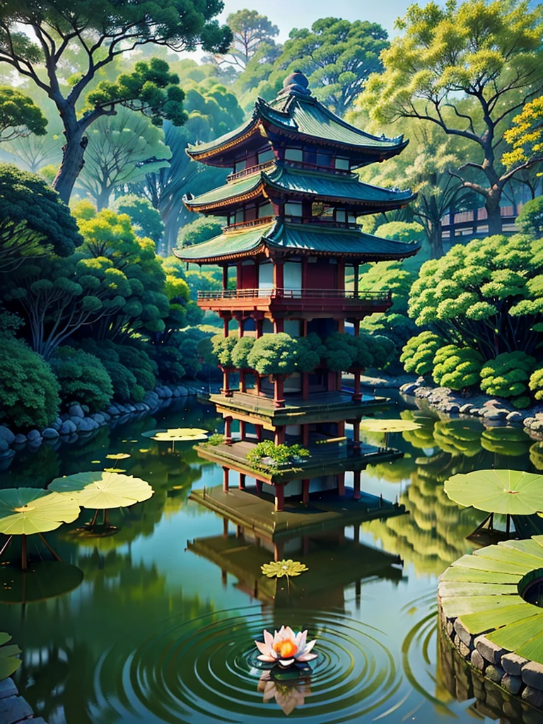 Japanese architecture, At the heart of Emerald Gardens lies the (Imperial Palace), a beacon of serenity and wisdom. Surrounded by lush gardens and serene ponds, the palace is a sanctuary of peace, where the air is filled with the scent of blooming lotuses and the gentle hum of nature.