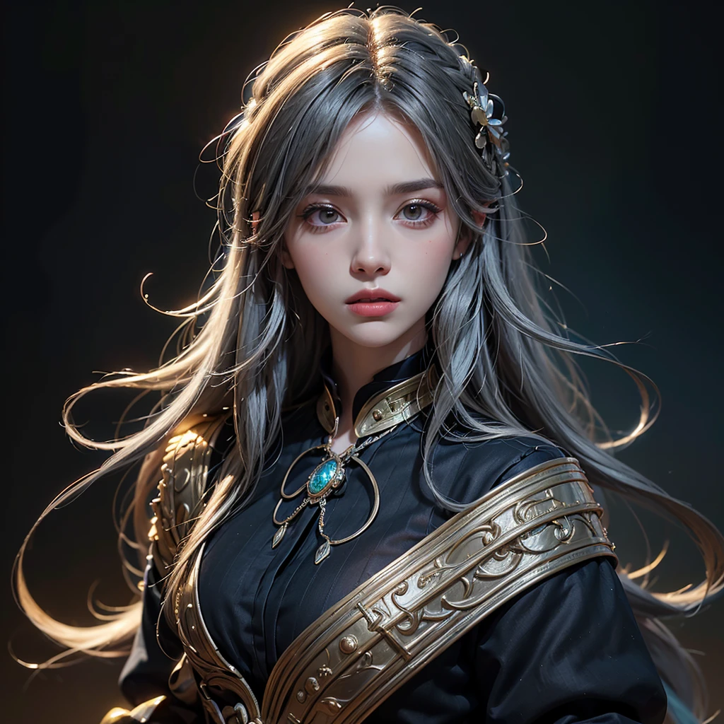 (Front Focus), (In the Dark:1.6), Hyperrealist Female Portrait by David Hockney and Alphonse Mucha, Fantasy art, Photo Real, Dynamic Lighting, Art Station, Poster, Volumetric lighting, Highly detailed face, 4k yen, Awards, One girl, In the Dark, Deep Shadow, Modest, Cowboy Shot, (Official attire:1.4), Long Hair, Gray Hair