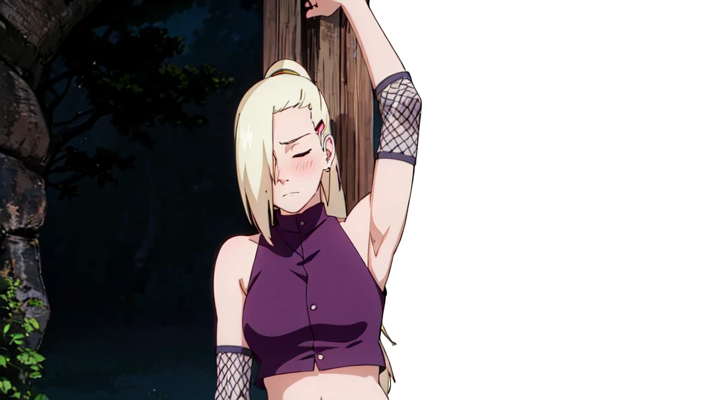 1girl, solo, closed eyes, ponytail, hair over one eye, hairclip, earrings, long hair, blonde hair, sleeveless shirt, bare shoulders, ninja, upper body, midriff, navel, fishnets, arms up, armpits, showing armpits, masterpiece, by masashi kishimoto, purple crop top, slight blush