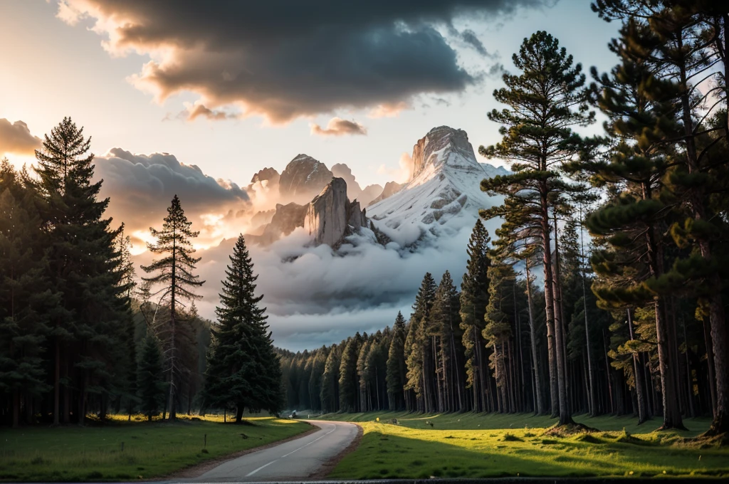 (((Masterpiece))), (high quality), In the forest at dusk。Black clouds cover the sky。There are large trees all around、I look up at it with a tilted gaze.。Realistic。