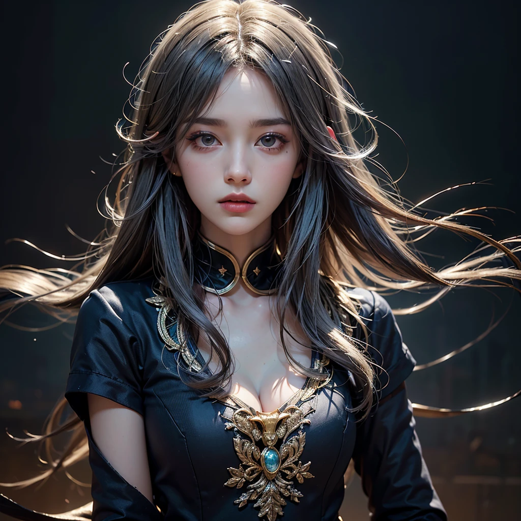 (Front Focus), (In the Dark:1.6), Hyperrealist Female Portrait by David Hockney and Alphonse Mucha, Fantasy art, Photo Real, Dynamic Lighting, Art Station, Poster, Volumetric lighting, Highly detailed face, 4k yen, Awards, One girl, In the Dark, Deep Shadow, Modest, Cowboy Shot, (Official attire:1.4), Long Hair, Gray Hair