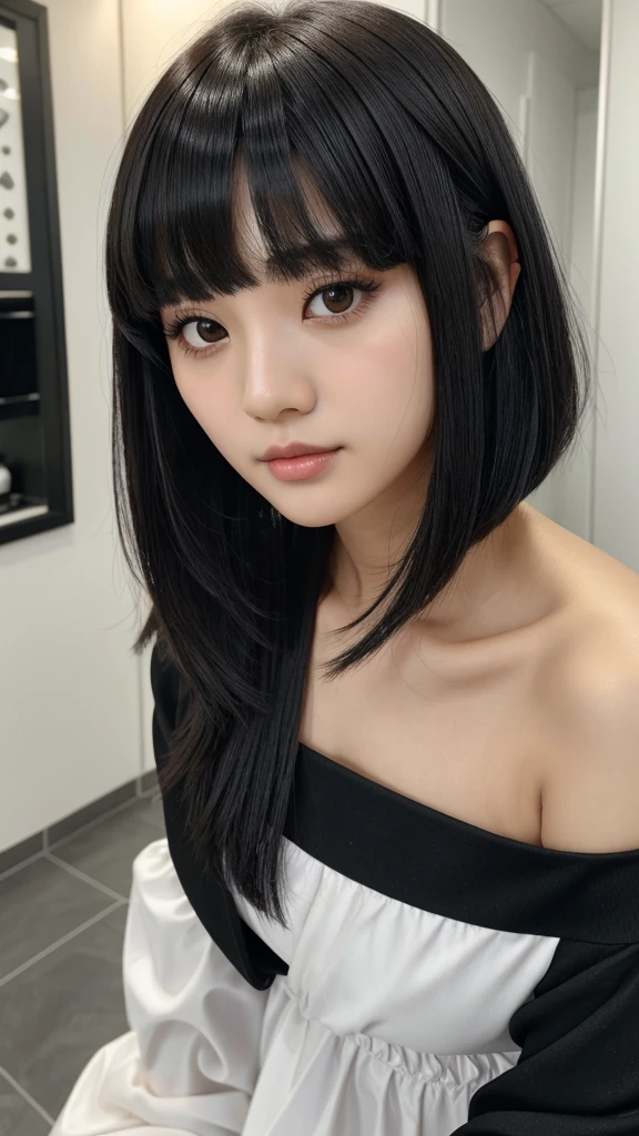 Wearing a camisole,A Japanese woman with long black hair and bangs,Sexy,Highest quality,Face close-up,bedroom