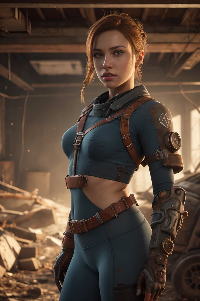 A wild and beautiful woman, (Grace Kelly:Gillian Jacobs:0.5), braided punk hairstyle, (wears a provocative Raider harness with many details from Fallout 4), armed, highly detail face, highly detailed skin, seductive expression, perfect body, (proporções perfeitas), a nuclear wasteland in the background with scattered ruins, good quality, (masterpiece), (foto realista), intricately detailed, 8K, HDR, shallow depth of field, broad light, high contrast, Contre-Jour, keen focus, Raw color photo, looking at the camera, bright colours, dynamic poses, in the style of Fallout 4