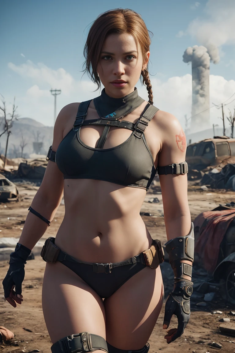 A wild and beautiful woman, (Grace Kelly:Gillian Jacobs:0.5), braided punk hairstyle, (wears a provocative Raider harness with many details from Fallout 4), armed, highly detail face, highly detailed skin, seductive expression, perfect body, (proporções perfeitas), a nuclear wasteland in the background with scattered ruins, good quality, (masterpiece), (foto realista), intricately detailed, 8K, HDR, shallow depth of field, broad light, high contrast, Contre-Jour, keen focus, Raw color photo, looking at the camera, bright colours, dynamic poses, in the style of Fallout 4