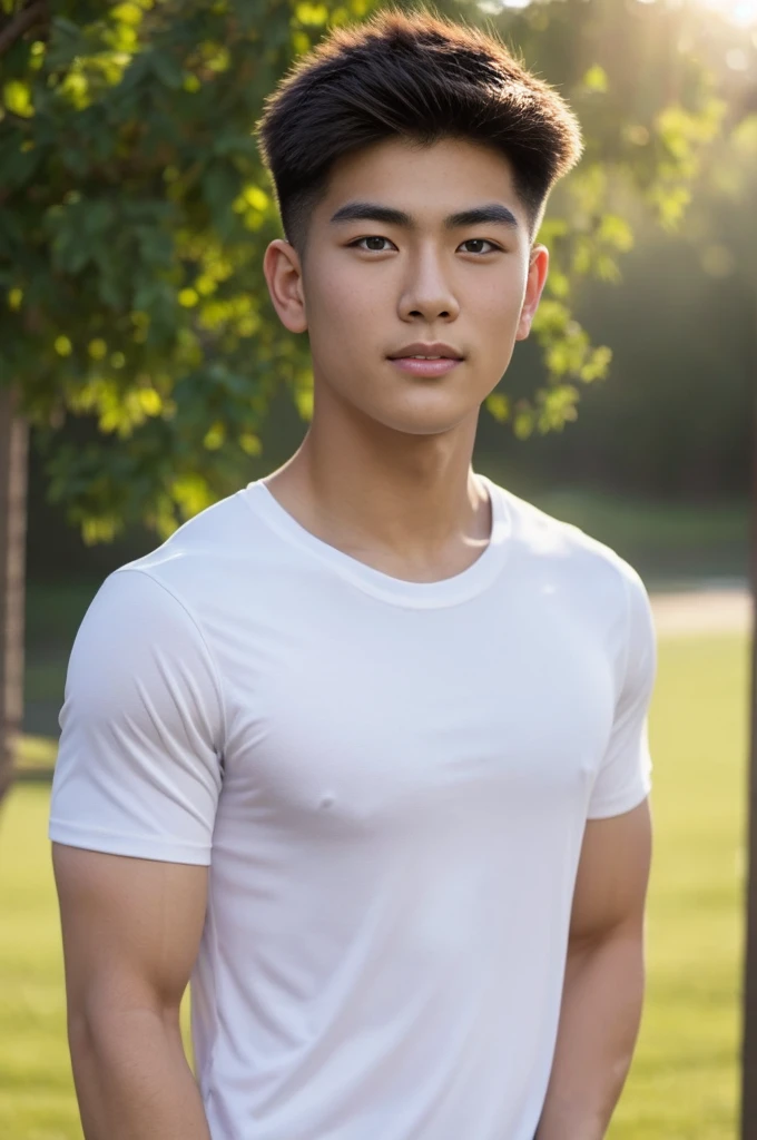 A handsome, muscular young Asian man looks at the camera. In a plain white t-shirt , Fieldside, grass, beach, sunlight