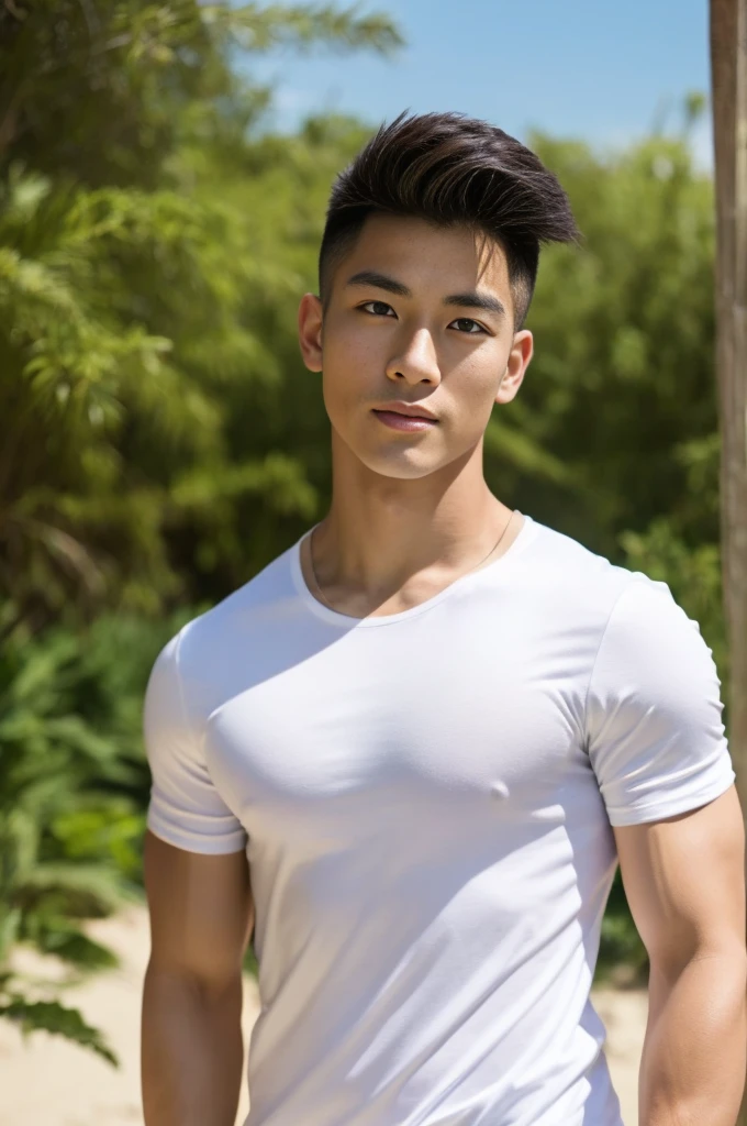 A handsome, muscular young Asian man looks at the camera. In a plain white t-shirt , Fieldside, grass, beach, sunlight