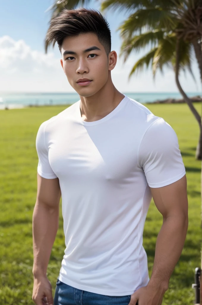 A handsome, muscular young Asian man looks at the camera. In a plain white t-shirt , Fieldside, grass, beach, sunlight