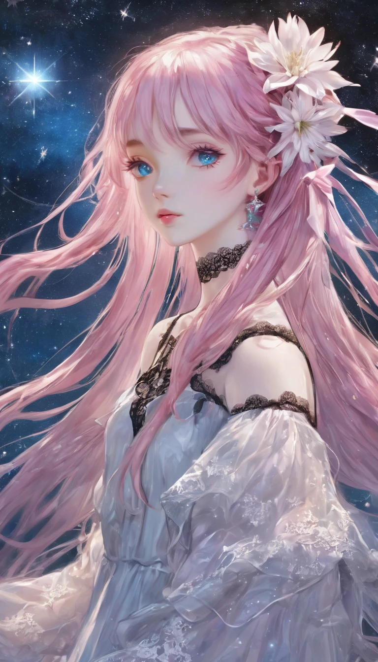 (masterpiece, Very detailed, Exquisite, beautiful, Full HD, High resolution, Absurd), Lilia, A girl with long pink hair, blue eyes, a white dress with black lace, a big pink ribbon on her chest, a white flower hair ornament around her right ear. Complex background, Wishing Star Background, a woman wearing an ether Mysteriousal pink translucent dress that reflects the stars, perfume Promotional Art, Mysterious, Complex drawing, Very detailed, Cover Girl Brand, Promotional Art, Artistic Expression, ether, Starry Night, Travel style