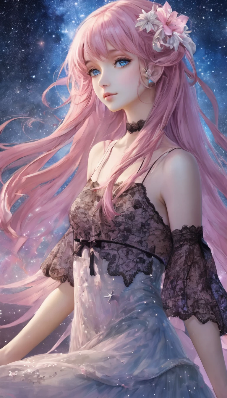 (masterpiece, Very detailed, Exquisite, beautiful, Full HD, High resolution, Absurd), Lilia, A girl with long pink hair, blue eyes, a white dress with black lace, a big pink ribbon on her chest, a white flower hair ornament around her right ear. Complex background, Wishing Star Background, a woman wearing an ether Mysteriousal pink translucent dress that reflects the stars, perfume Promotional Art, Mysterious, Complex drawing, Very detailed, Cover Girl Brand, Promotional Art, Artistic Expression, ether, Starry Night, Travel style