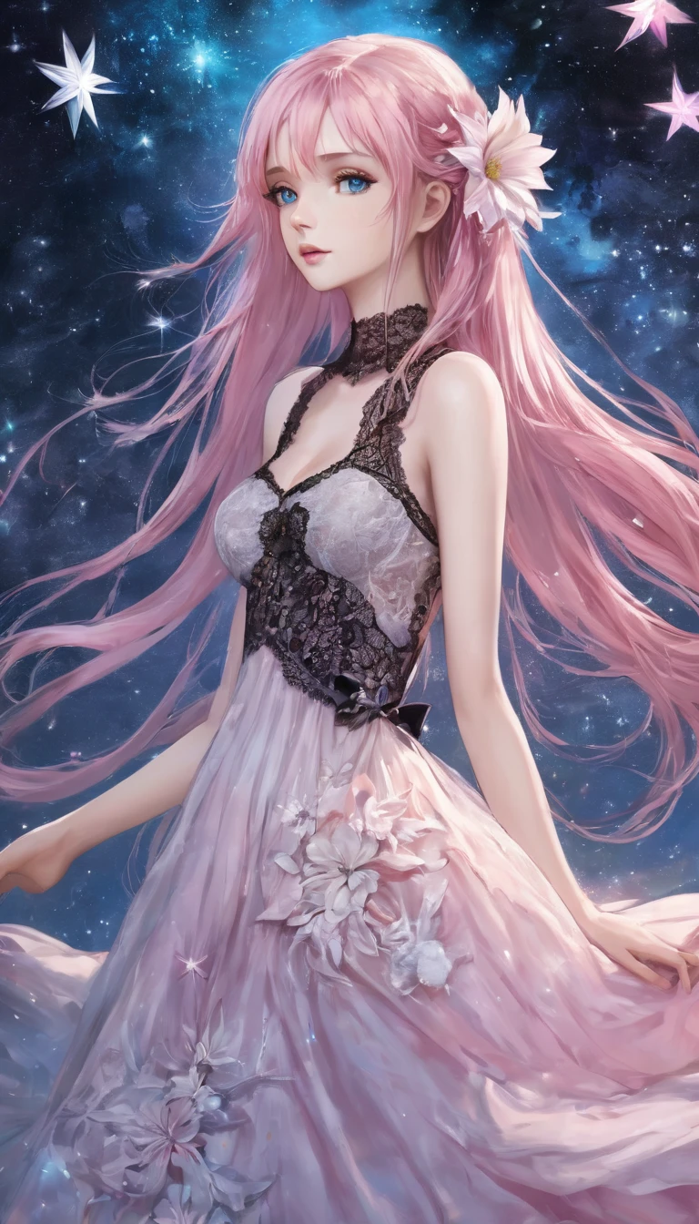 (masterpiece, Very detailed, Exquisite, beautiful, Full HD, High resolution, Absurd), Lilia, A girl with long pink hair, blue eyes, a white dress with black lace, a big pink ribbon on her chest, a white flower hair ornament around her right ear. Complex background, Wishing Star Background, a woman wearing an ether Mysteriousal pink translucent dress that reflects the stars, perfume Promotional Art, Mysterious, Complex drawing, Very detailed, Cover Girl Brand, Promotional Art, Artistic Expression, ether, Starry Night, Travel style