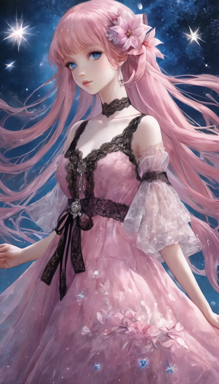 (masterpiece, Very detailed, Exquisite, beautiful, Full HD, High resolution, Absurd), Lilia, A girl with long pink hair, blue eyes, a white dress with black lace, a big pink ribbon on her chest, a white flower hair ornament around her right ear. Complex background, Wishing Star Background, a woman wearing an ether Mysteriousal pink translucent dress that reflects the stars, perfume Promotional Art, Mysterious, Complex drawing, Very detailed, Cover Girl Brand, Promotional Art, Artistic Expression, ether, Starry Night, Travel style