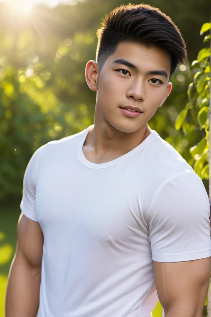A handsome, muscular young Asian man looks at the camera. In a plain white t-shirt , Fieldside, grass, beach, sunlight