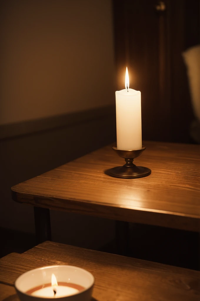 A lit candle on a table on a rainy night