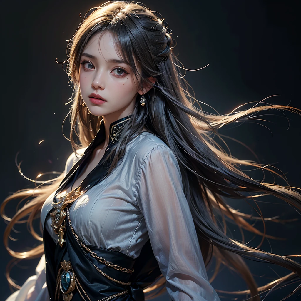 (Front Focus), (In the Dark:1.6), Hyperrealist Female Portrait by David Hockney and Alphonse Mucha, Fantasy art, Photo Real, Dynamic Lighting, Art Station, Poster, Volumetric lighting, Highly detailed face, 4k yen, Awards, One girl, In the Dark, Deep Shadow, Modest, Cowboy Shot, (Official attire:1.4), Long Hair, Gray Hair