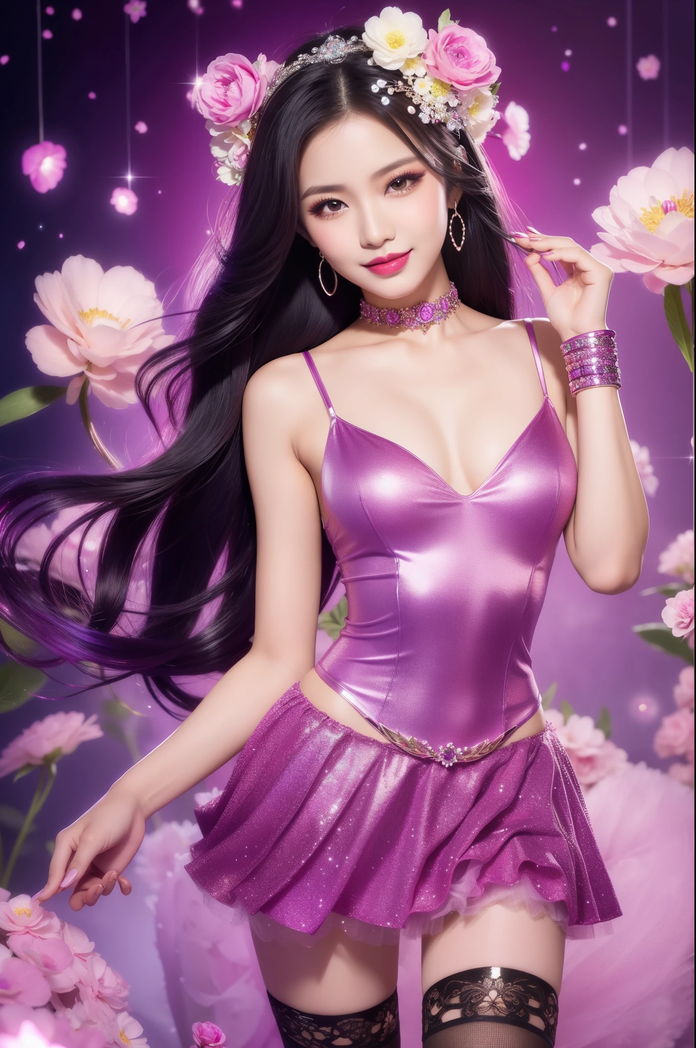sexy Thai model who controls poison、beautiful smile、lip-gloss、bold lipstick、long lashes、drama makeup、look at the camera、full body Esbian、、sparkling poisoned flower costume、、、、sparkling Colorful hair、secrete poison、skull hair accessories、sexy tights、shiny sparkling flowers background
