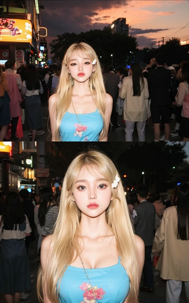 blonde girl, big eyes like japanese, her lips are pompous and pink, White skin, is at a festival, blonde hair and 4hd quality