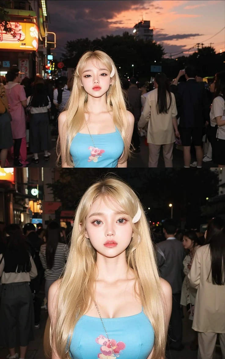 blonde girl, big eyes like japanese, her lips are pompous and pink, White skin, is at a festival, blonde hair and 4hd quality