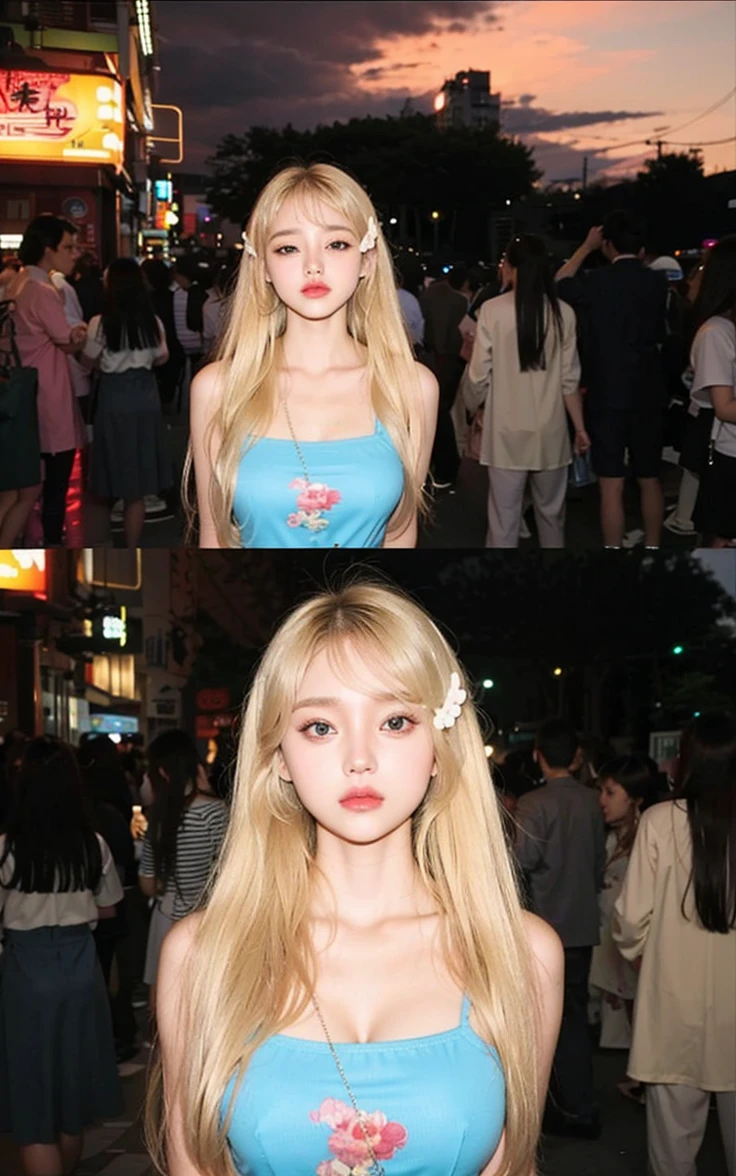 blonde girl, big eyes like japanese, her lips are pompous and pink, White skin, is at a festival, blonde hair and 4hd quality