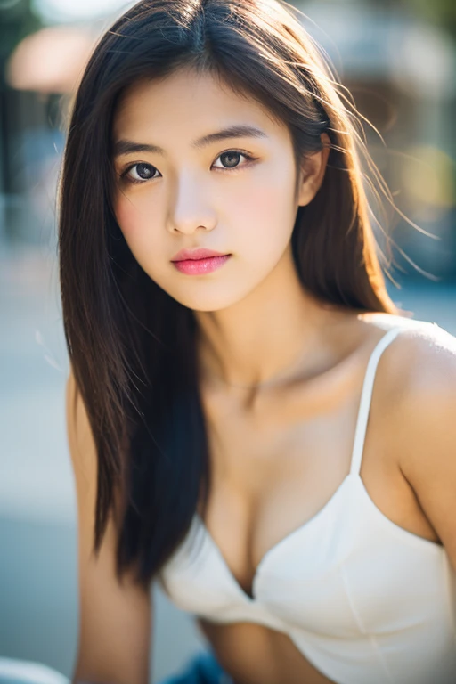 lens: 135mm f1.8,(Highest quality),(Tabletop:1.1), (Beautiful 14 year old Japanese girl), (Moist lips), Narrow eyes, double eyelid,Delicate clavicle,Flat Chest,Shortcuts,
(Let me'Let's take another look), (close:1.4), shame, A faint smile,
(Spotted sunlight:1.2), Dramatic lighting,
(White camisole), (Sunburned skin:0.2),Full body photo、Full Body Focus