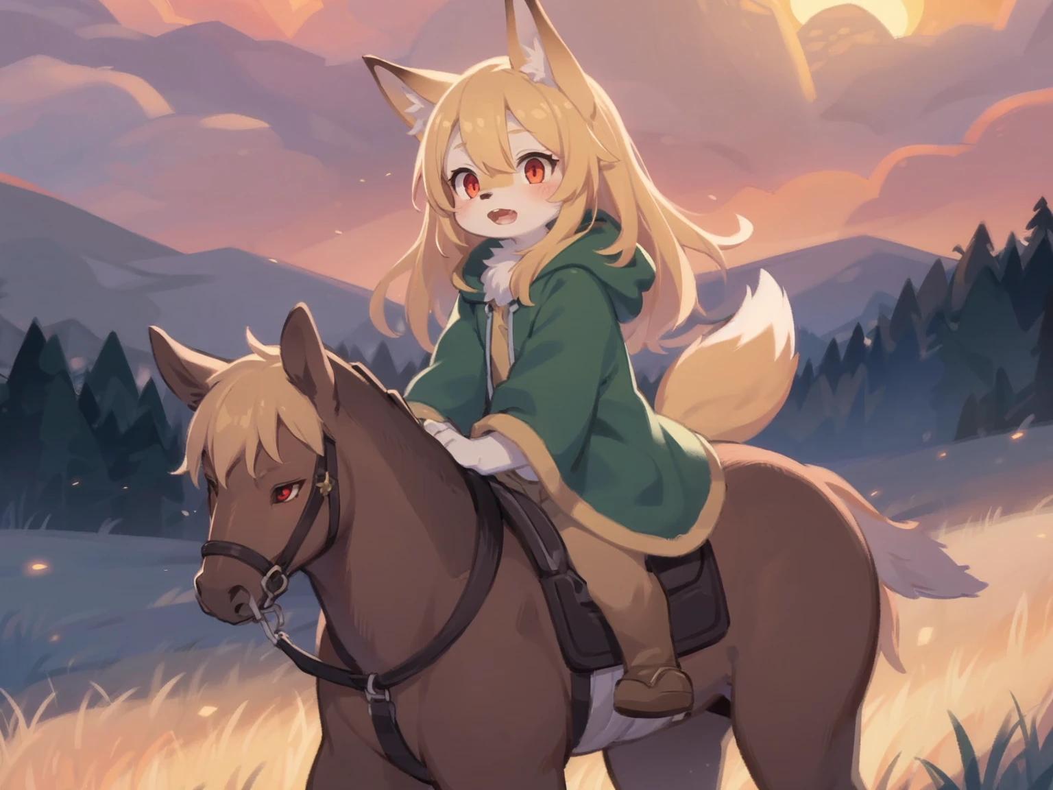 the fox, , was hairy, shaggy, skin fur, smooth lashes, golden fur, forelimb hands, straight long blonde hair, solid circle eyes, golden ears, golden fur, golden facial fur, shiny hair, red eyes, super cute face, 1fox tail, fluffy tail, furry tail, glowing eyes, green coat green hood down, brown trousers, riding unsaddled horse, open mouth, embarrassed, ambient light, ultra-fine fur, dashed eyes, full body, masterpiece, high quality, high-details, best quality, wide short, (((solo))), twilight, sun light, red sky, rim light