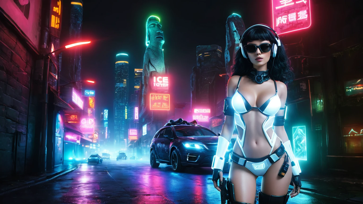 At night, dark sky, distant shot aerial view of fantasy cyberpunk style ice ((Moai-statue)) city, ((flying car)). ((1girl, solo, alone)), medium-breast:1.1 slim body, cleavage, sexy clothes, (headphone, black sunglasses, long black realistic hair), (((hip-up standing and holding pistol))), (((((half-body thigh level medium shot))))), cinematic lighting, lens flare, ray tracing.