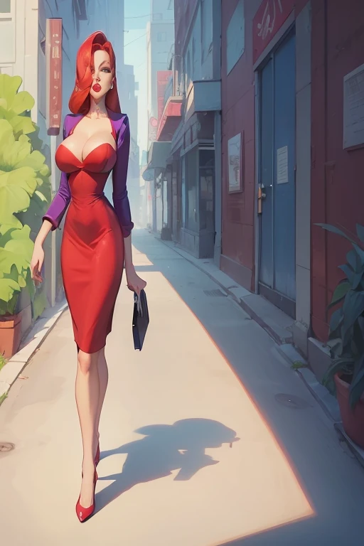 Jessica Rabbit is walking to the office, She has a big ass, She is dressed formally, street, Mourning